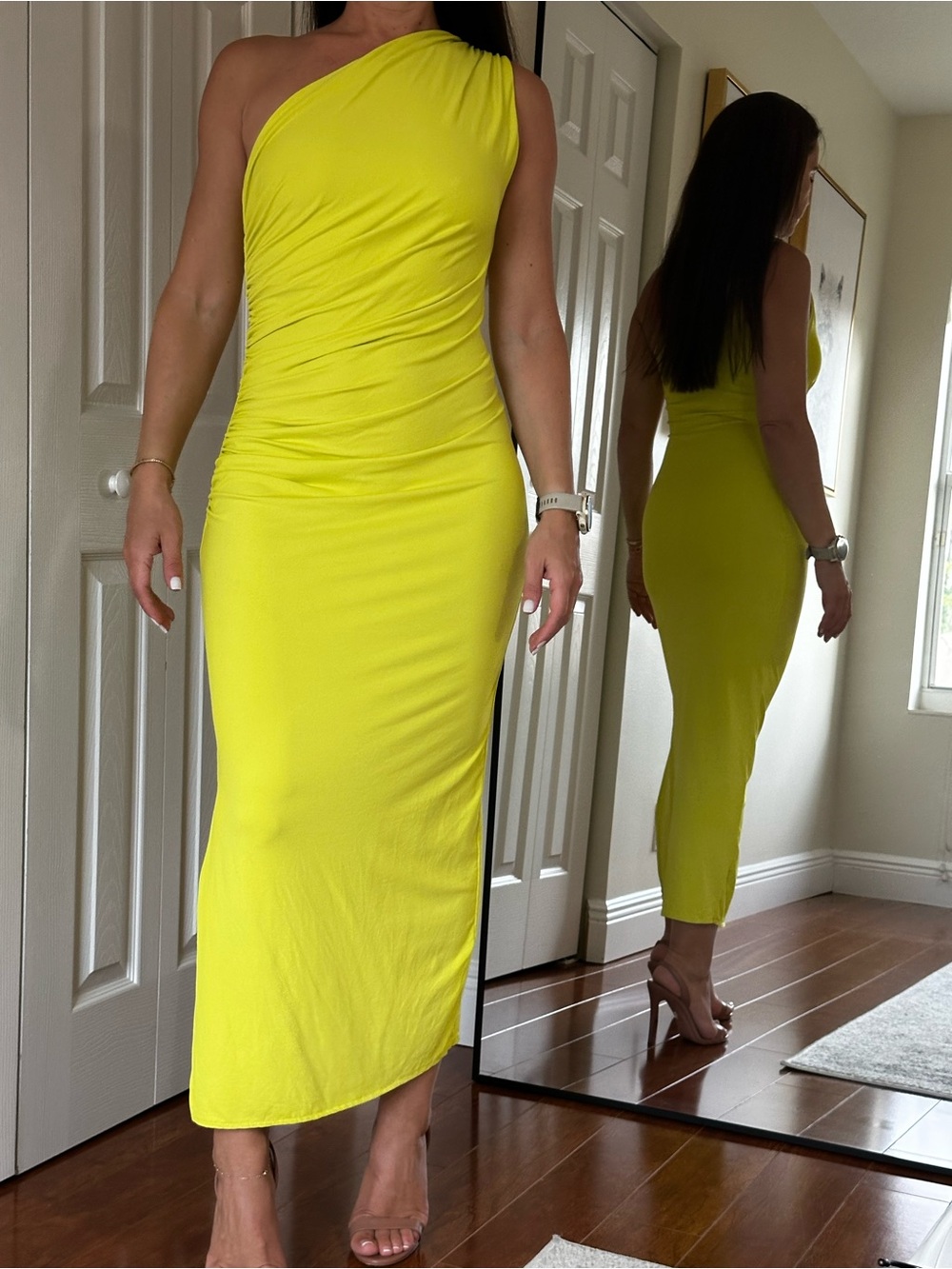 Zara One-Shoulder Neon Yellow Midi Dress
